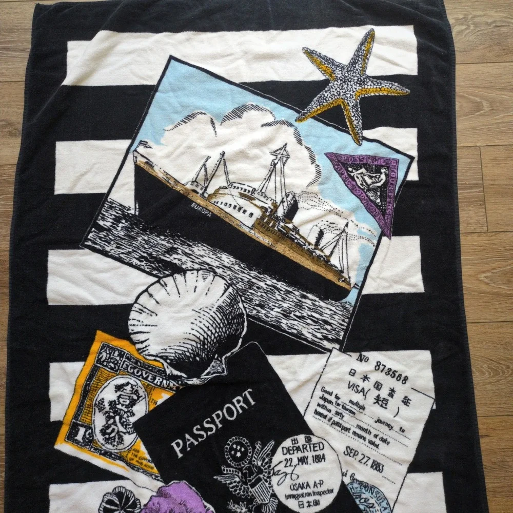 Vtg Hilasal Travel Passport Beach Towel Black White Striped Nautical‎ 64x35